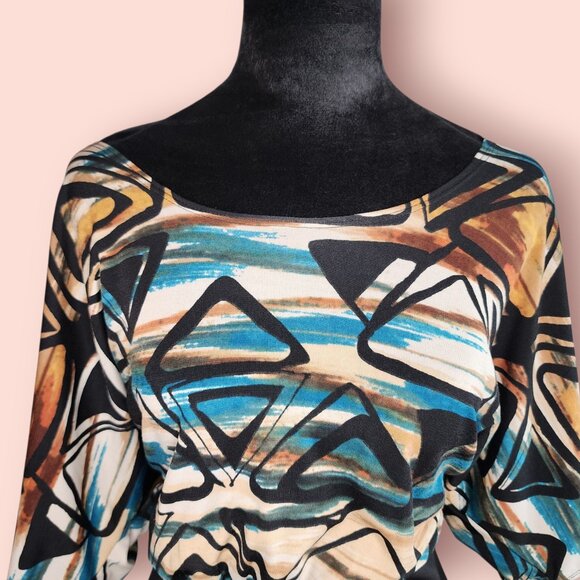 Y2K boat neck dolman sleeve abstract print boho top - Picture 3 of 4